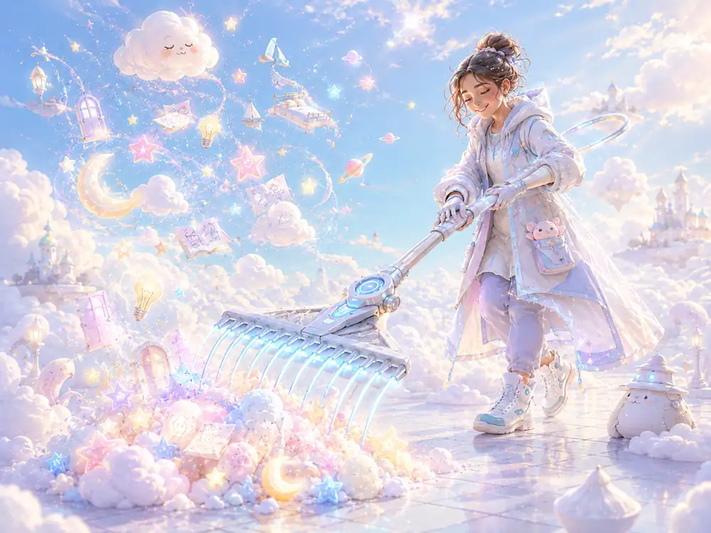 A figure raking pastel clouds and stars across a bright sky